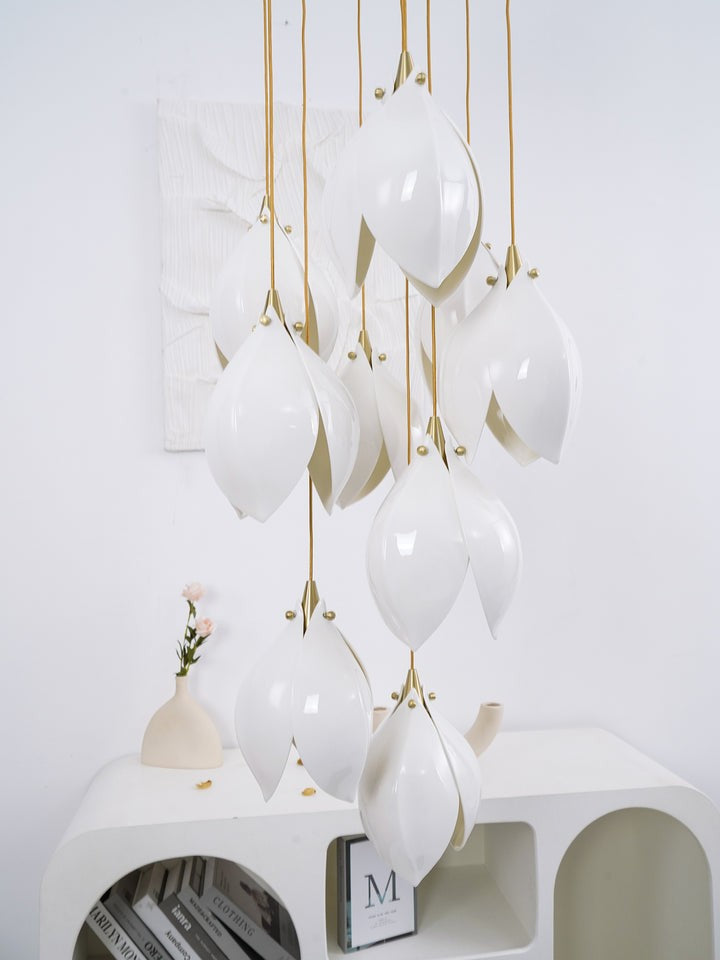 Floral Ceramic & Brass Pendant Light with Adjustable Hanging