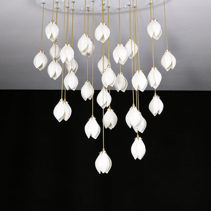 Floral Ceramic & Brass Pendant Light with Adjustable Hanging