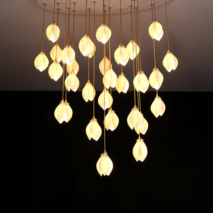 Floral Ceramic & Brass Pendant Light with Adjustable Hanging