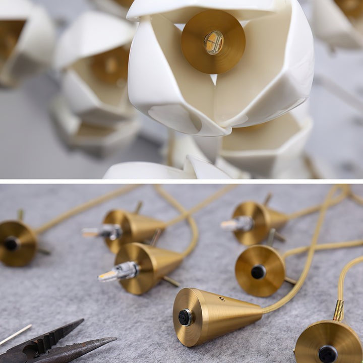 Floral Ceramic & Brass Pendant Light with Adjustable Hanging