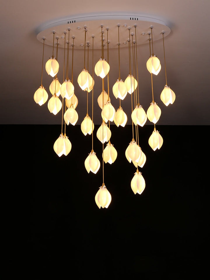 Floral Ceramic & Brass Pendant Light with Adjustable Hanging