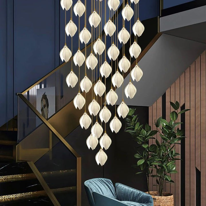 Floral Ceramic & Brass Pendant Light with Adjustable Hanging