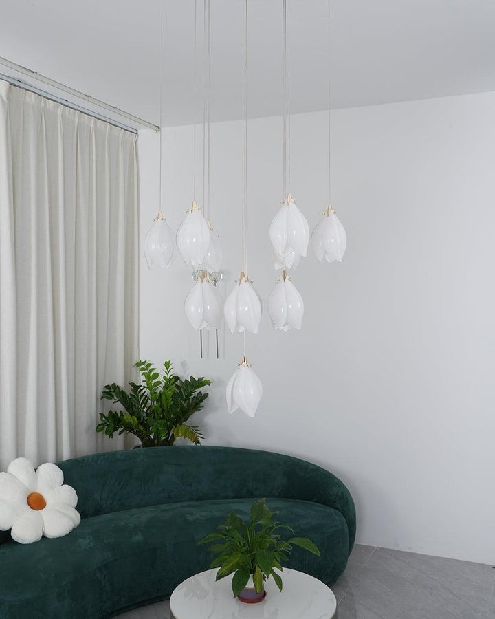 Floral Ceramic & Brass Pendant Light with Adjustable Hanging