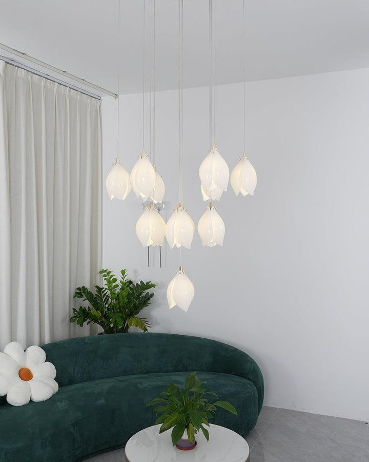 Floral Ceramic & Brass Pendant Light with Adjustable Hanging