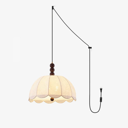 Floral Scalloped Fabric Pendant Light with Wood Accents