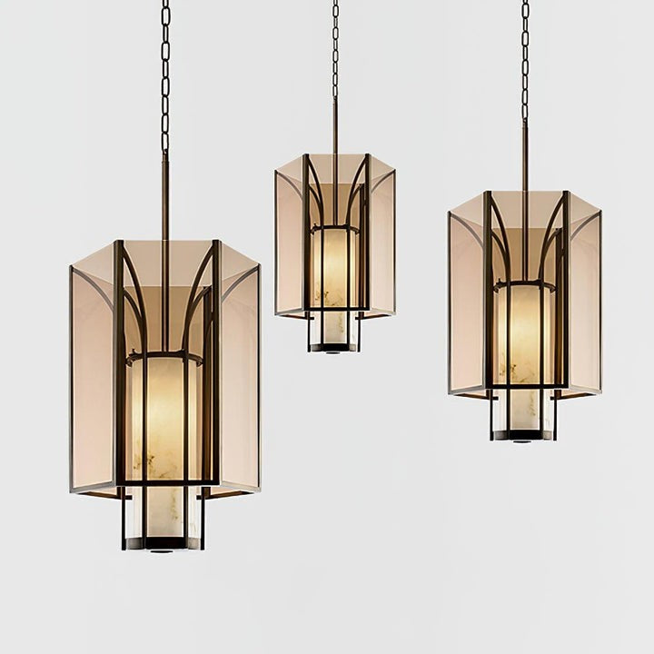 French-Style Black Iron & Alabaster Pendant Light