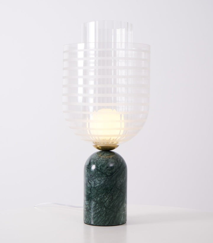 Green Marble Cylinder Table Lamp with Striped Glass Shade