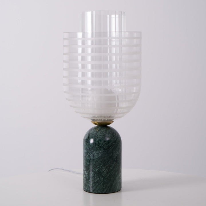 Green Marble Cylinder Table Lamp with Striped Glass Shade