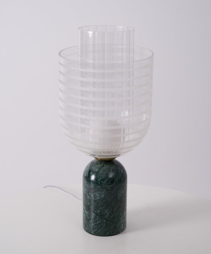 Green Marble Cylinder Table Lamp with Striped Glass Shade