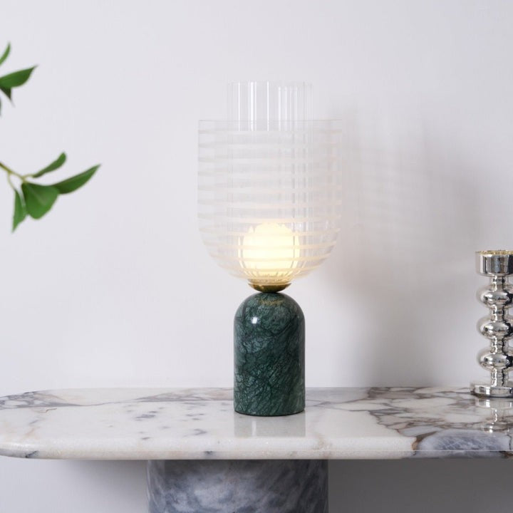 Green Marble Cylinder Table Lamp with Striped Glass Shade