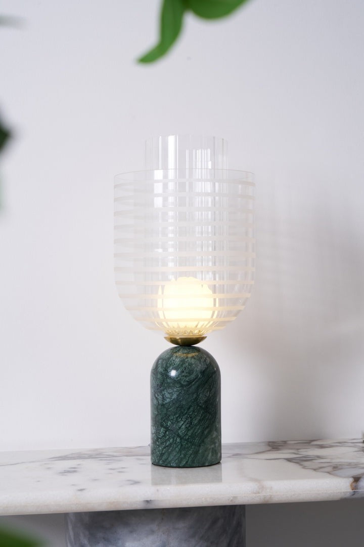 Green Marble Cylinder Table Lamp with Striped Glass Shade