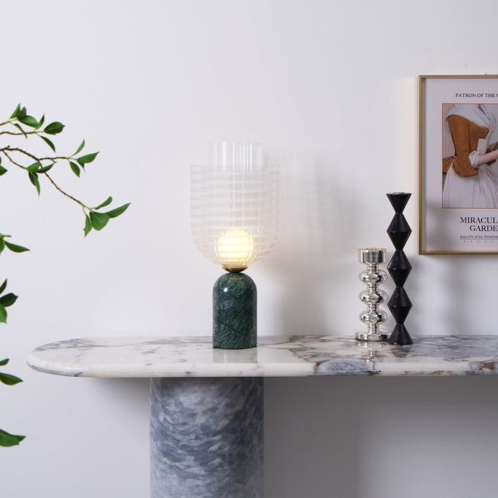 Green Marble Cylinder Table Lamp with Striped Glass Shade