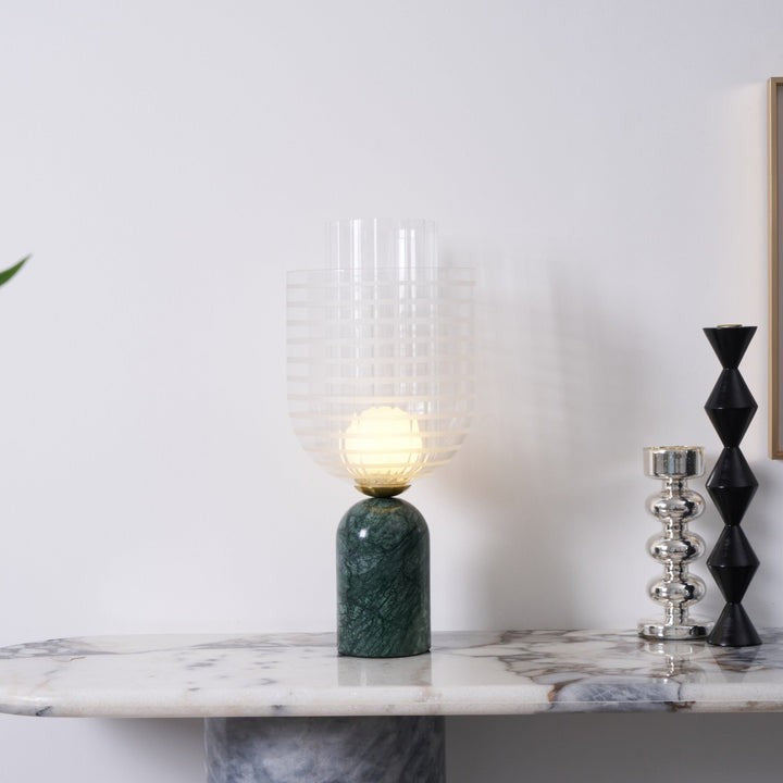 Green Marble Cylinder Table Lamp with Striped Glass Shade