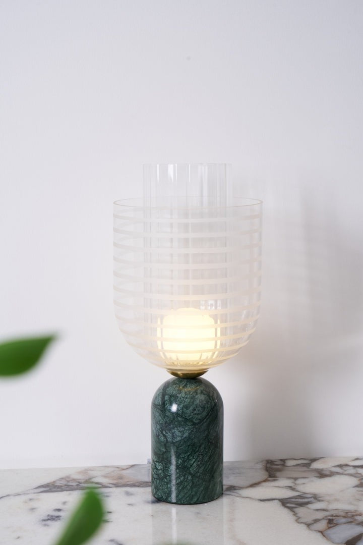 Green Marble Cylinder Table Lamp with Striped Glass Shade