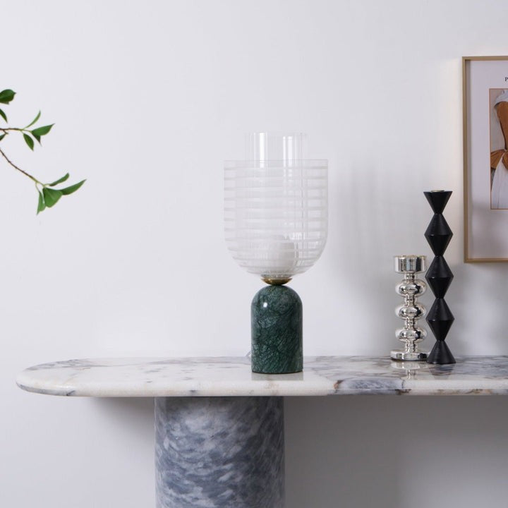 Green Marble Cylinder Table Lamp with Striped Glass Shade