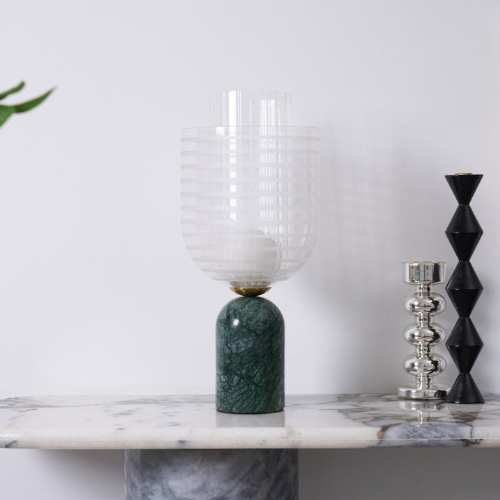 Green Marble Cylinder Table Lamp with Striped Glass Shade