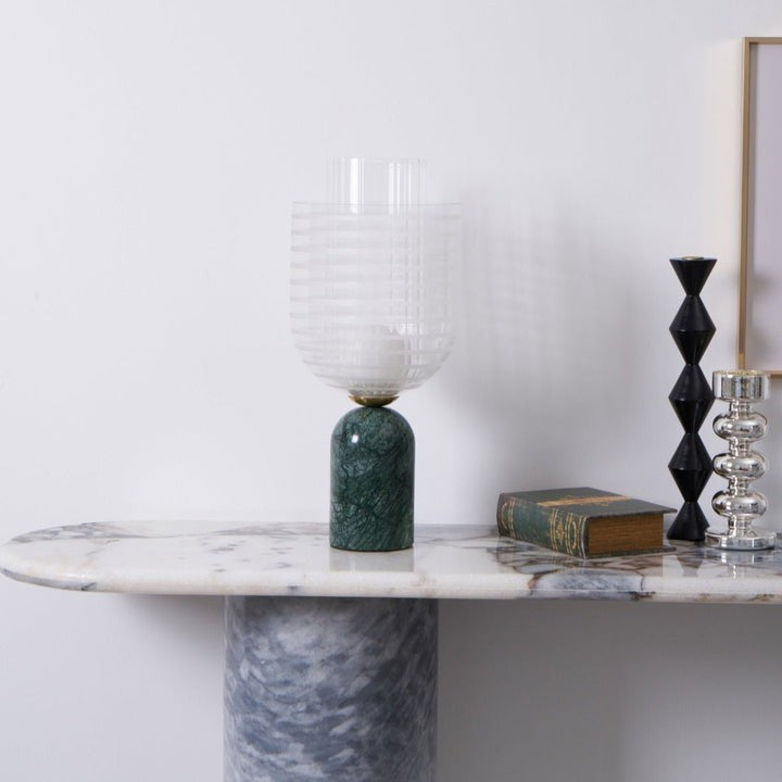 Green Marble Cylinder Table Lamp with Striped Glass Shade