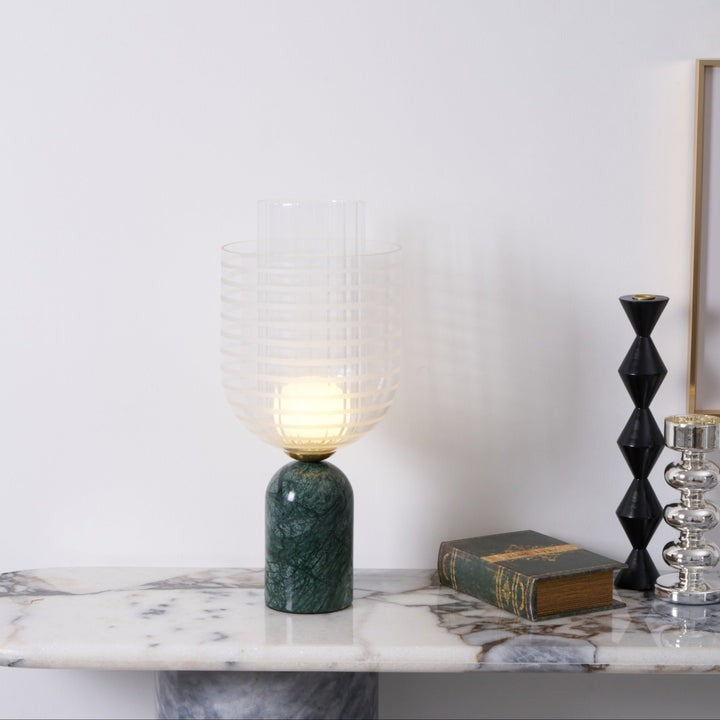 Green Marble Cylinder Table Lamp with Striped Glass Shade