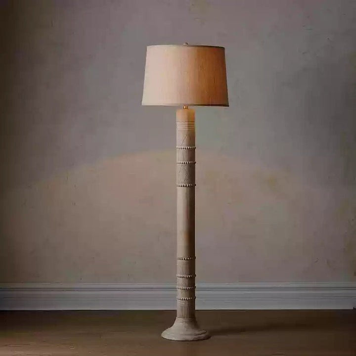 Handcrafted Wooden Floor Lamp with Beige Linen Shade