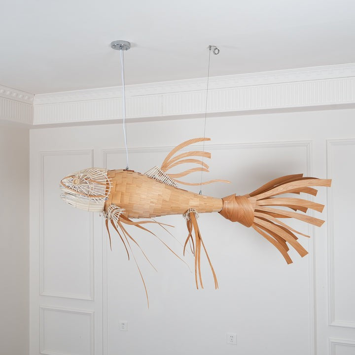 Koi-Inspired Wood Slat LED Chandelier