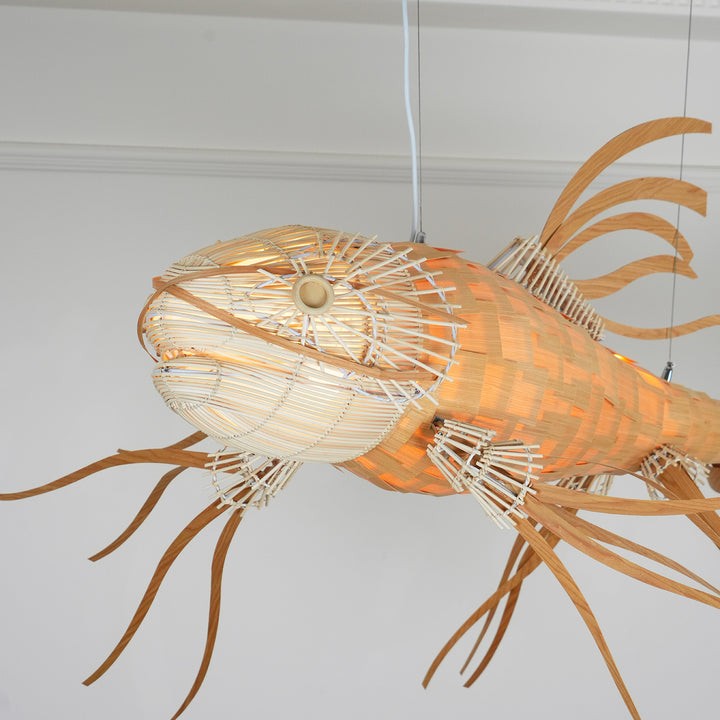 Koi-Inspired Wood Slat LED Chandelier