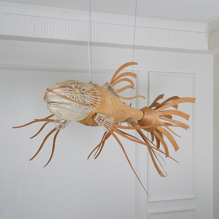 Koi-Inspired Wood Slat LED Chandelier