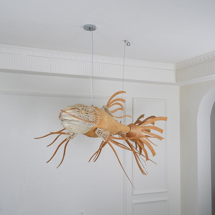 Koi-Inspired Wood Slat LED Chandelier