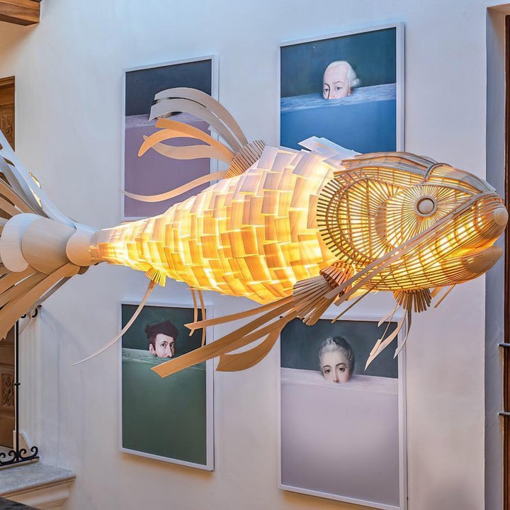 Koi-Inspired Wood Slat LED Chandelier