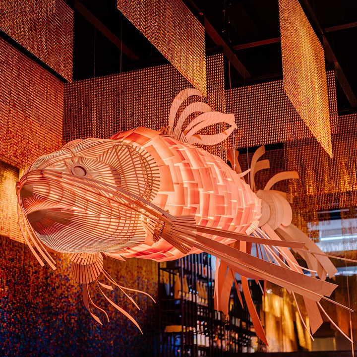 Koi-Inspired Wood Slat LED Chandelier