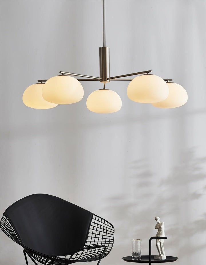 Mid-Century Gold Cross Frame Chandelier with White Glass Globes