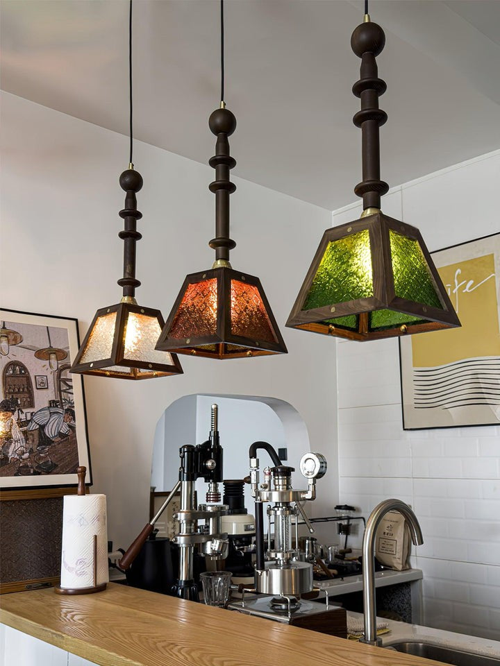 Mission-Style Begonia Glass & Walnut Pendant Light