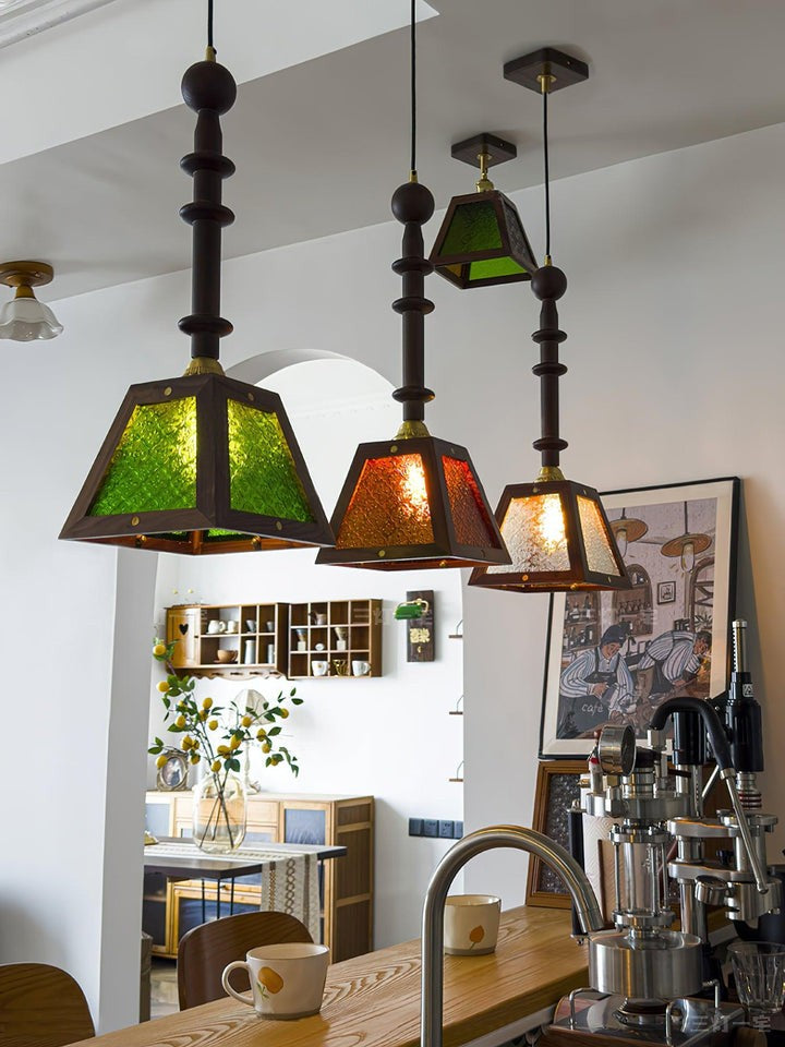 Mission-Style Begonia Glass & Walnut Pendant Light