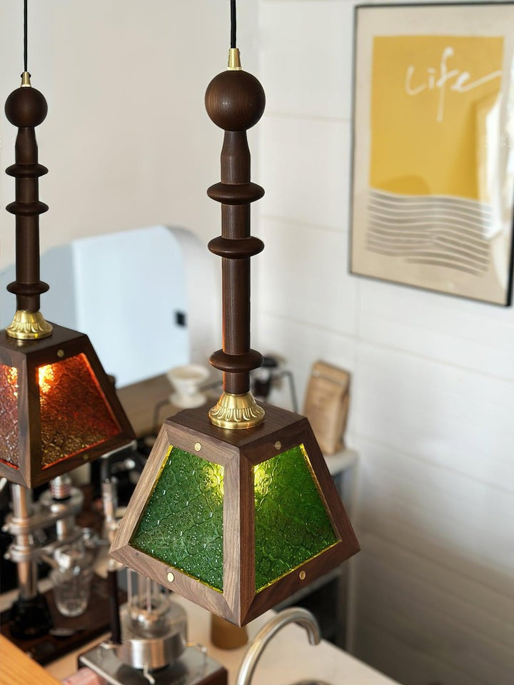 Mission-Style Begonia Glass & Walnut Pendant Light