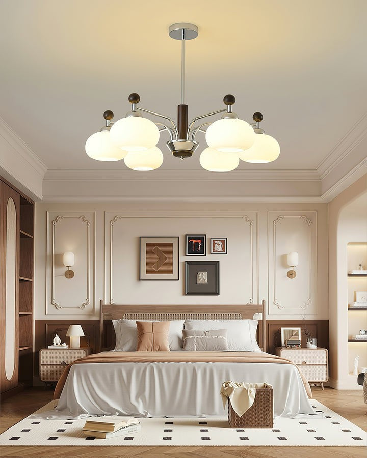 Modern Curved-Arm LED Chandelier with White Shades
