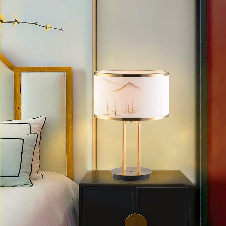 Modern Gold Table Lamp with Geometric Accents and White Shade