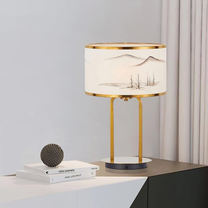 Modern Gold Table Lamp with Geometric Accents and White Shade