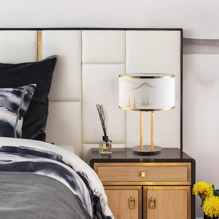 Modern Gold Table Lamp with Geometric Accents and White Shade