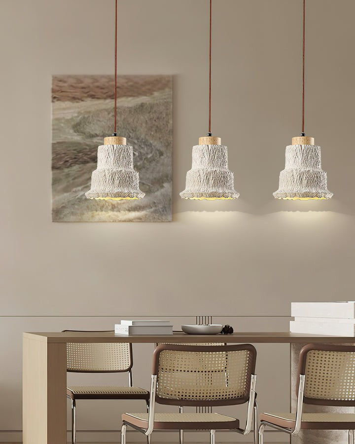 Natural Travertine Boulder Pendant Light with Wood Accents