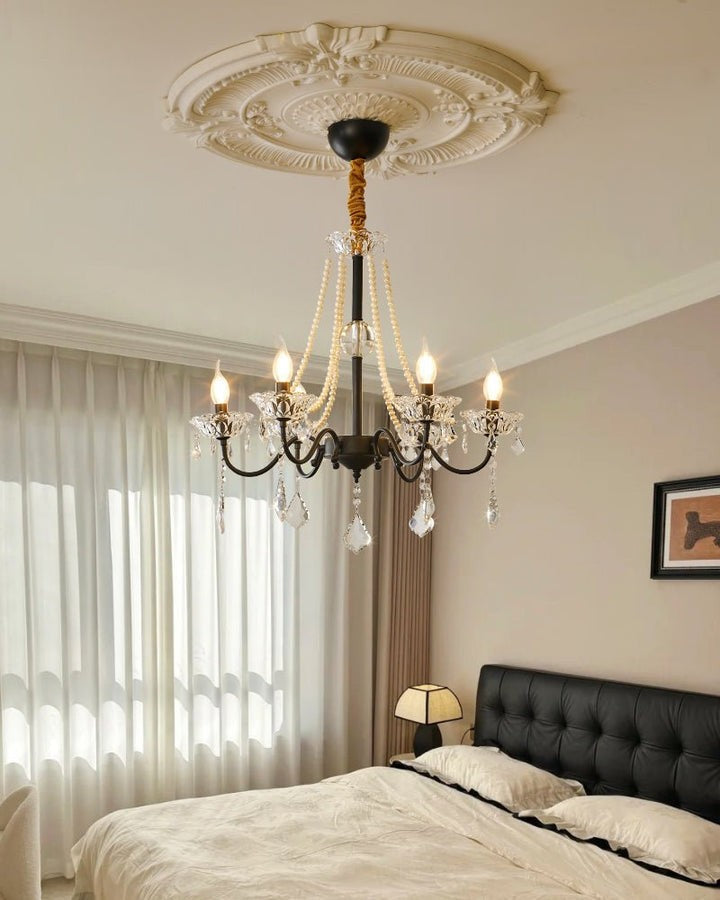 Opulent Black Iron & Crystal Ceiling Chandelier