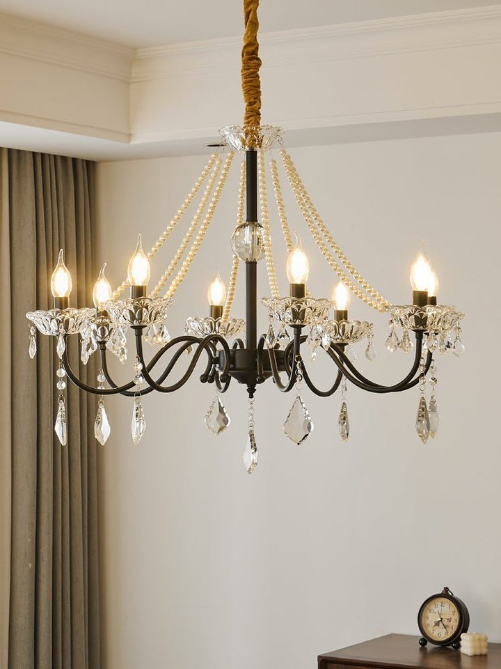 Opulent Black Iron & Crystal Ceiling Chandelier