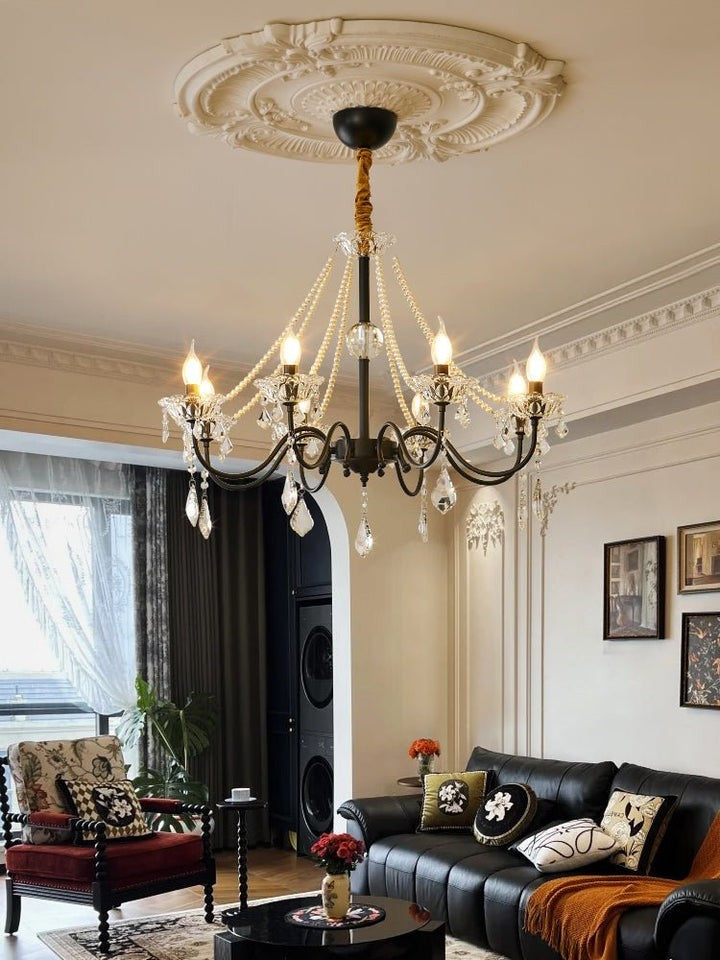 Opulent Black Iron & Crystal Ceiling Chandelier