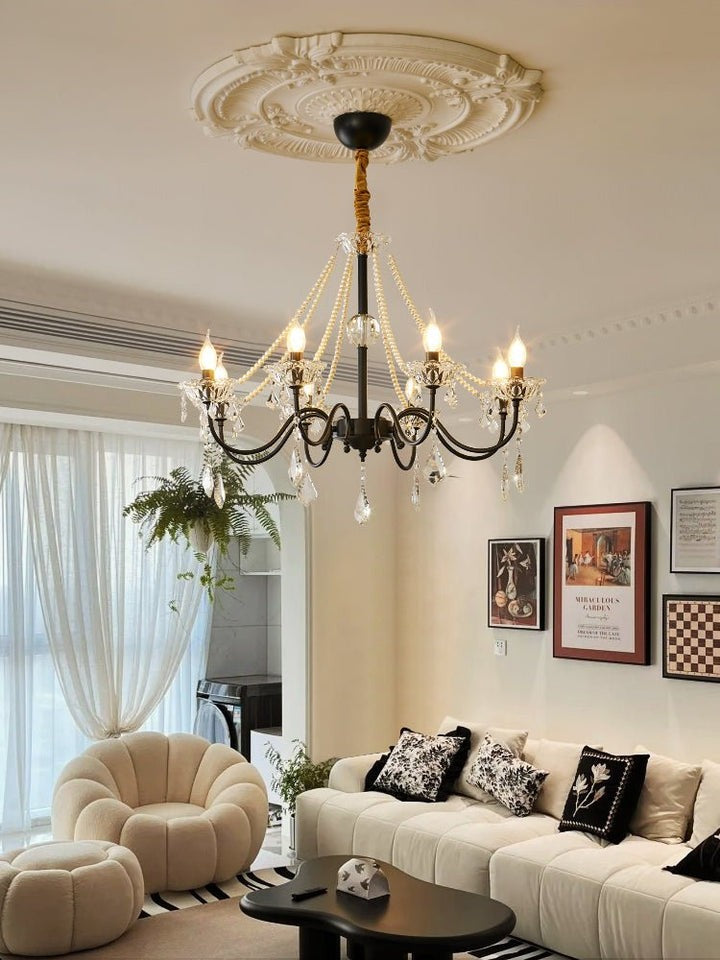 Opulent Black Iron & Crystal Ceiling Chandelier