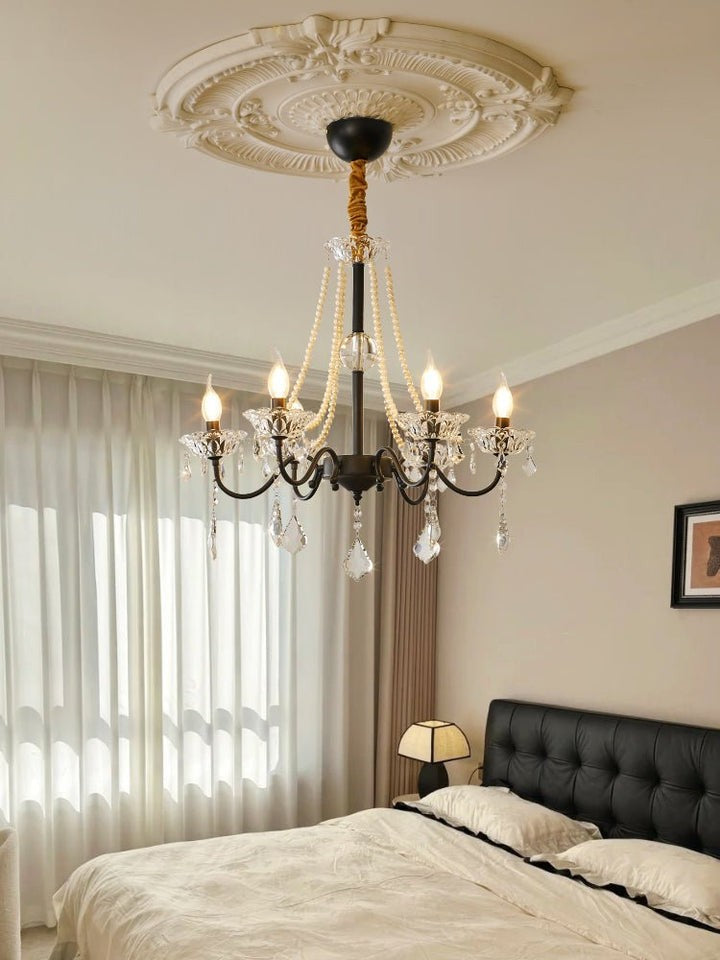 Opulent Black Iron & Crystal Ceiling Chandelier