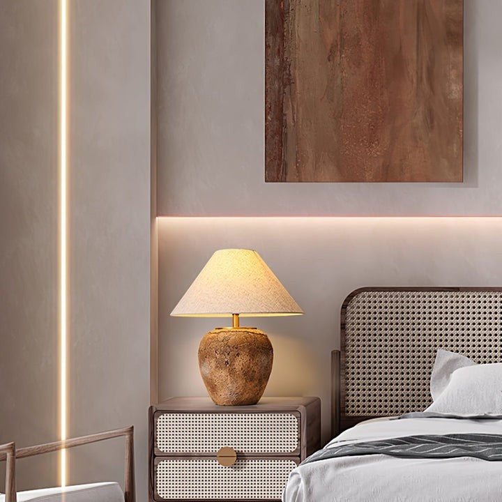 Organic Ceramic Table Lamp with Neutral Linen Shade