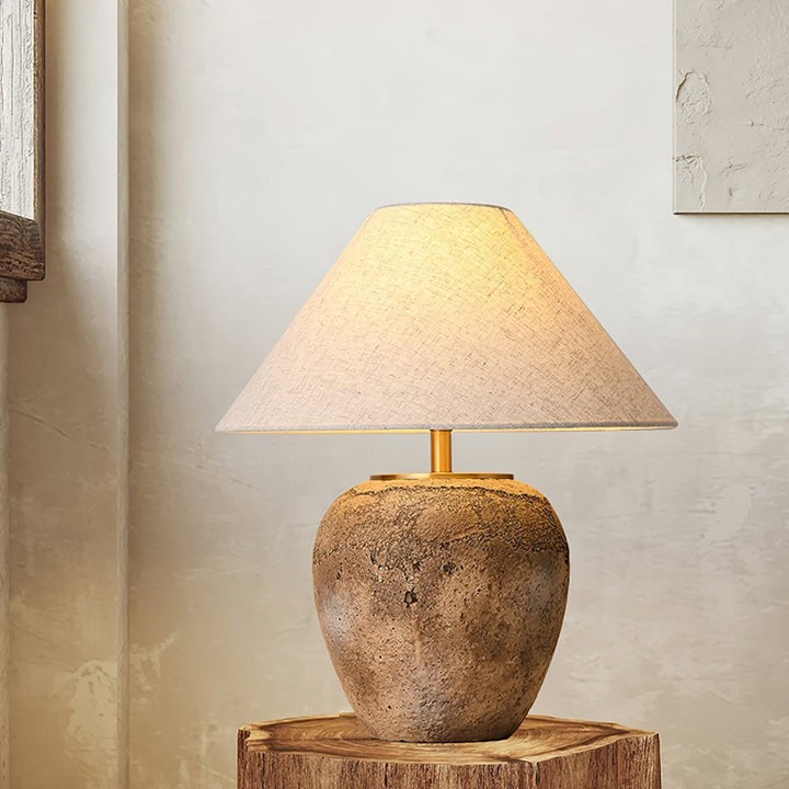 Organic Ceramic Table Lamp with Neutral Linen Shade