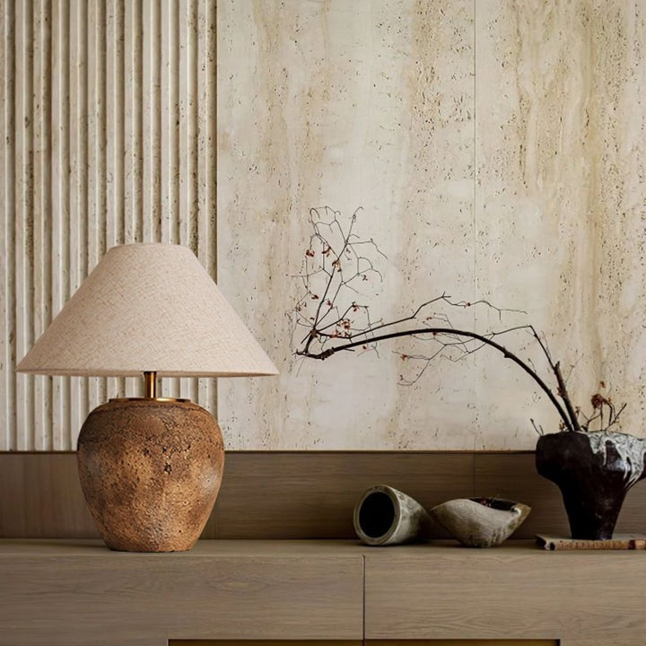 Organic Ceramic Table Lamp with Neutral Linen Shade