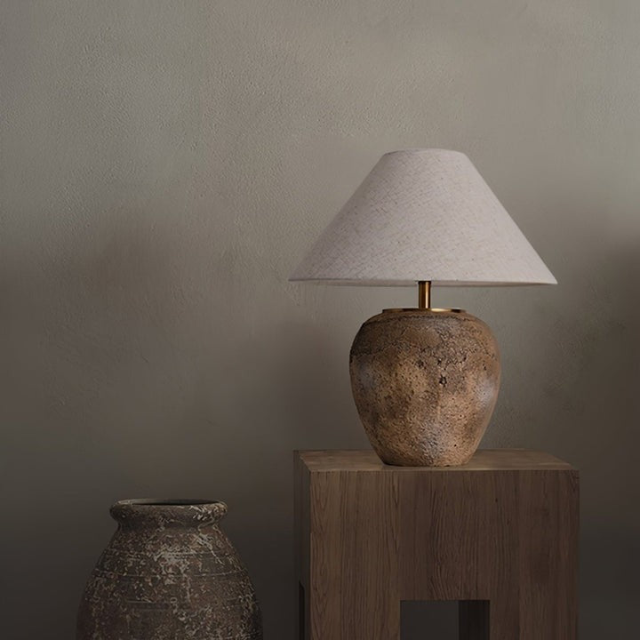 Organic Ceramic Table Lamp with Neutral Linen Shade