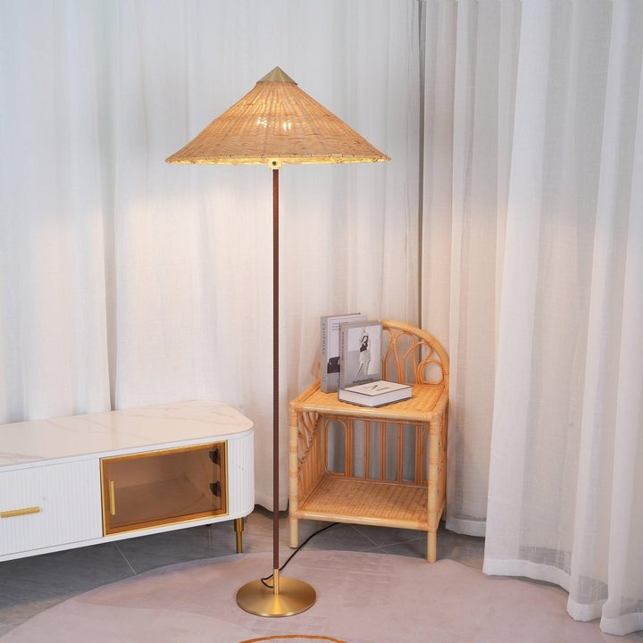 Rattan Stem Floor Lamp with White Fabric Shade