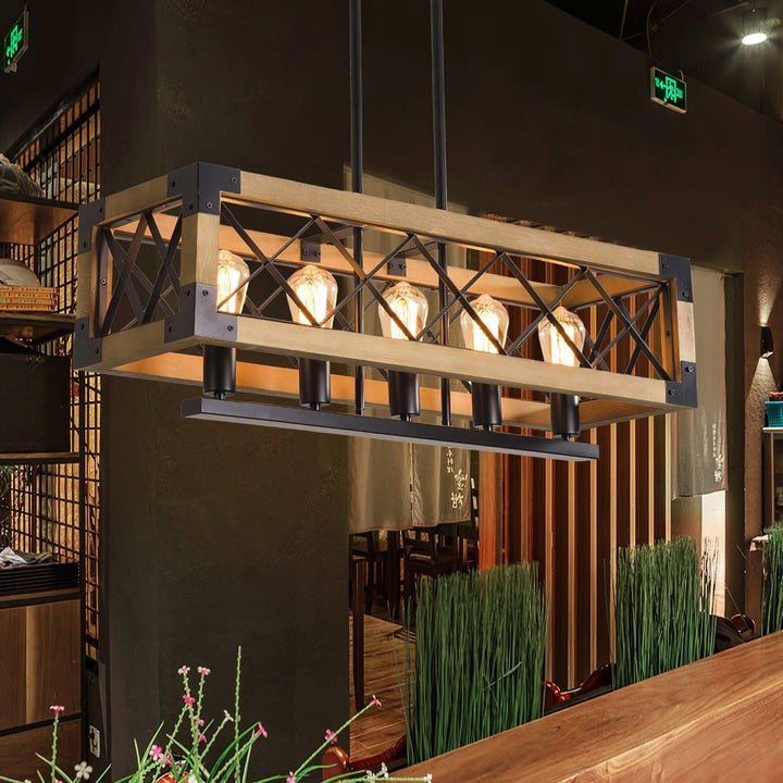 Rectangular Wood & Metal Kitchen Island Pendant Light