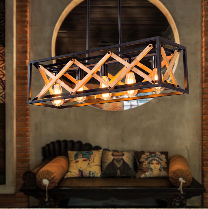 Rectangular Wood & Metal Kitchen Island Pendant Light